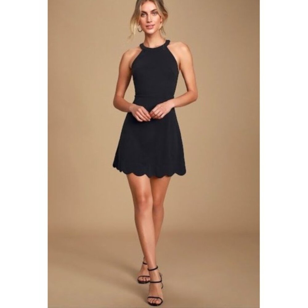 Lulus Mamacita Sleeveless Halter Neck Scalloped Hem Skater Mini Dress Black XS